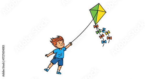 Boy Flying a Diamond-Shaped Kite with Colorful Ribbons.
