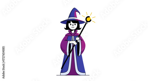 Cartoon Wizard Character Holding a Magical Staff.