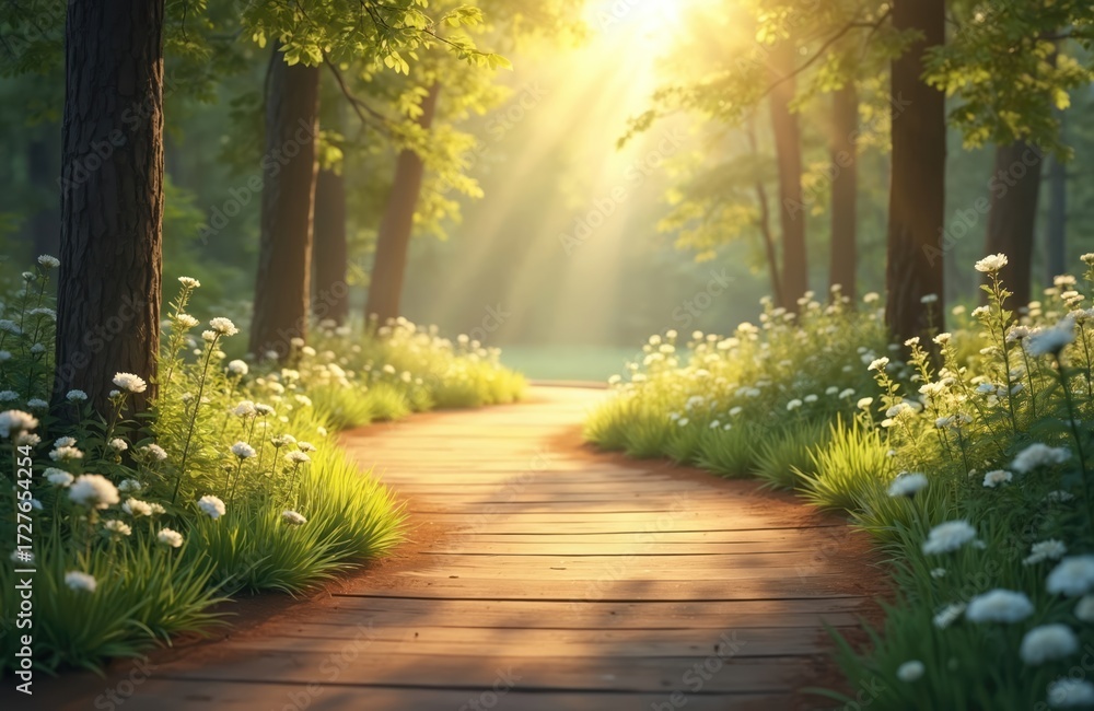 Fototapeta premium Wooden walkway curves through sunlit forest path lined with white wildflowers and green grass. Gentle sunbeams filter through trees, creating a peaceful natural scene.