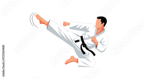 Martial artist in white gi performing a dynamic side kick.