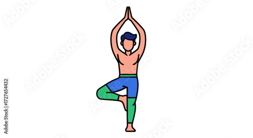Man performing yoga tree pose illustration balancing on one leg.