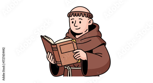 Cartoon Monk Reading a Book with Brown Robe and Tonsure Hairstyle.