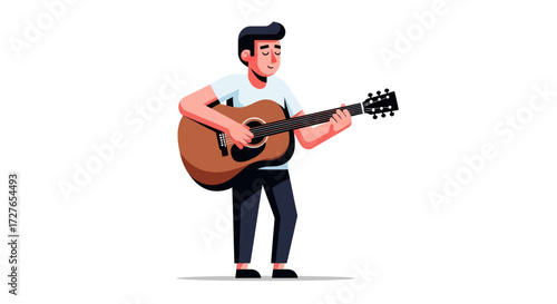 Cartoon illustration of a young man with dark hair playing a brown acoustic guitar.