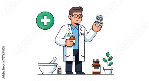 Friendly Pharmacist Showing Medicine and Pills.
