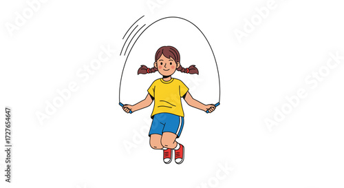 Happy Girl Jumping Rope Cartoon Illustration.