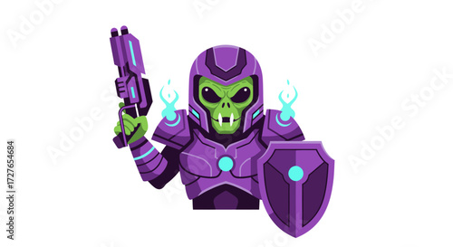 Cartoon alien soldier in purple futuristic armor holding a blaster gun and shield.