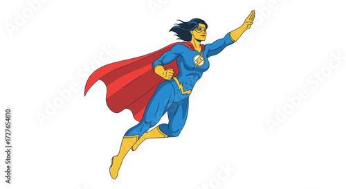 Female Superhero in Blue Suit and Red Cape Flying.