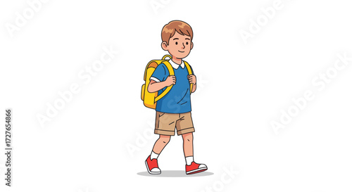 Cartoon illustration of a young boy student walking with a yellow backpack.