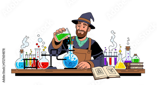 Cartoon Alchemist Conducting Colorful Chemical Experiment.