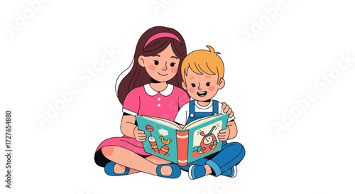 A cartoon big sister and little brother sitting together reading a colorful illustrated storybook.