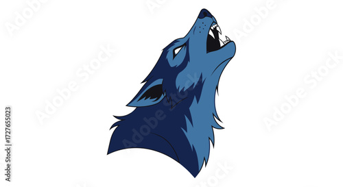 Blue Wolf Head Howling Illustration Canine Animal with Open Mouth.