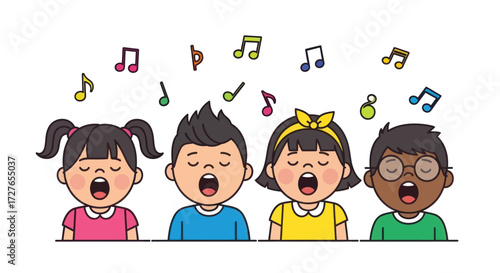 Diverse Childrens Choir Singing with Musical Notes Illustration.