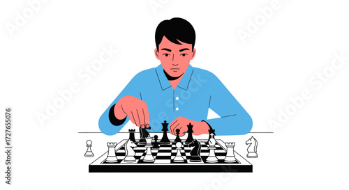 Young man focused on playing a strategic game of chess moving a piece.