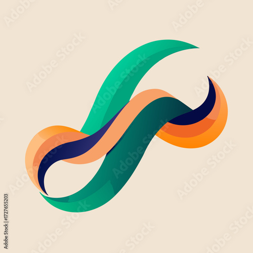 Abstract flowing ribbons in teal orange and navy on a cream background