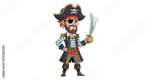 Cartoon Pirate with Eye Patch and Sword Wearing Traditional Pirate Costume.