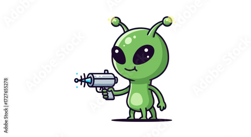 Adorable Green Alien Cartoon Character with Ray Gun.