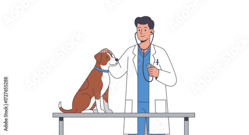 Veterinarian Examining Dog with Stethoscope on Examination Table.