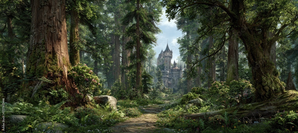 Obraz premium Lush forest path leading to a medieval castle