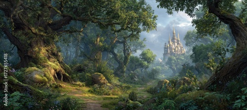 Lush forest path leads to a majestic castle