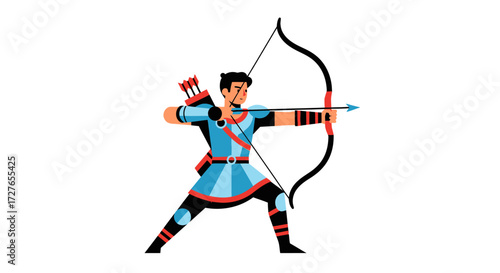 Male Archer in Traditional Attire Drawing a Bow and Arrow.