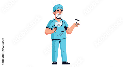 Cartoon Male Doctor in Blue Scrubs with Stethoscope and Reflex Hammer.