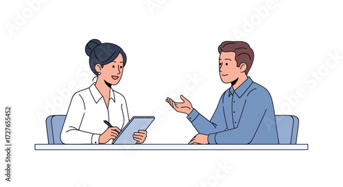 Professional Woman Interviewing Man at a Table Discussing Issues.