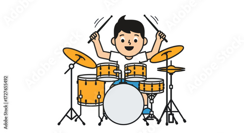 Joyful Cartoon Boy Playing Drums Enthusiastically.