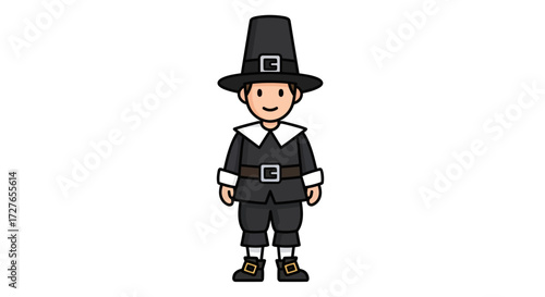 Cartoon Pilgrim Man in Traditional Clothing.