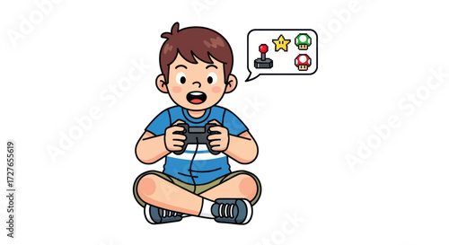 Young boy enthusiastically playing video games with a controller.