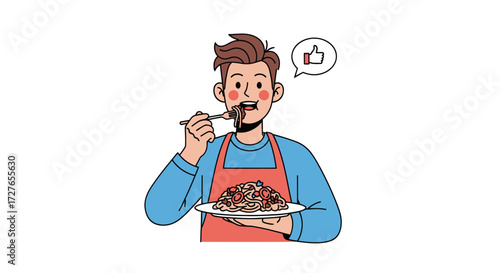 A cheerful cartoon man in a red apron happily eating a delicious plate of food with a fork showing a thumbs-up icon of approval.