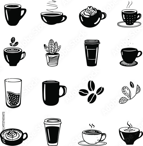 Collection of simple black and white coffee cup icons for beverage and cafe designs vector
