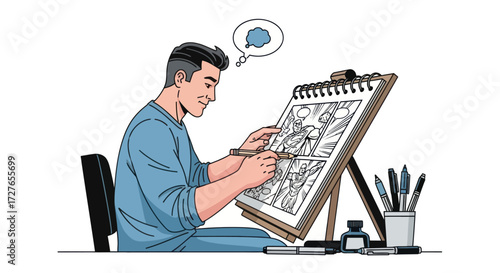 Cartoonist Drawing Comic Book Panels with Pencil and Ink.