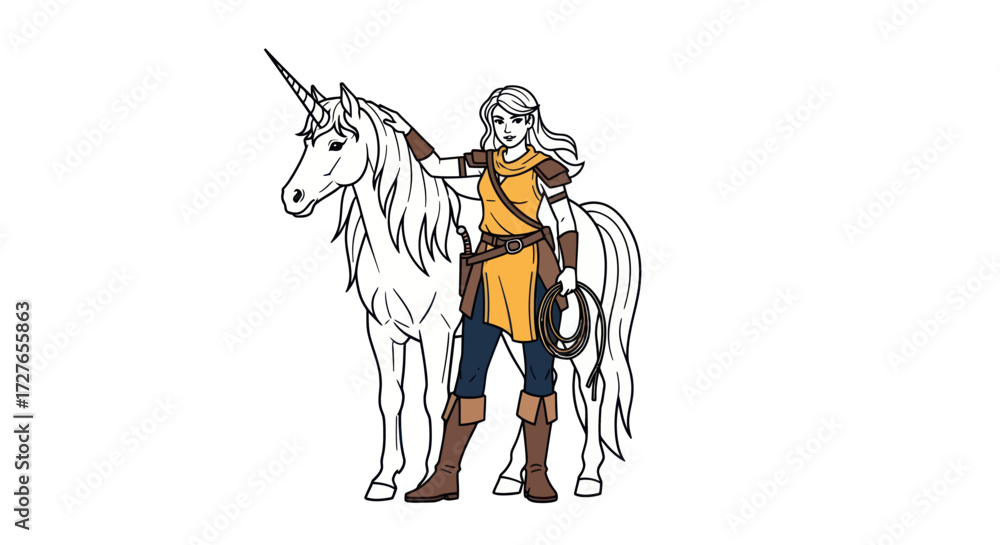 Fototapeta premium Fairytale Unicorn and Warrior Woman Illustration.
