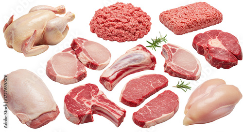 Fresh raw chicken, beef, and pork cuts, meticulously arranged on a clean, transparent background with copy space, shot flat lay, high-end commercial food photography concept