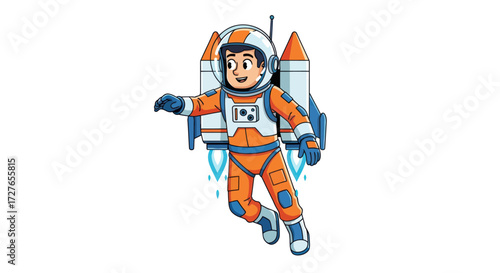 Cartoon Astronaut with Rocket Backpack in Flight.
