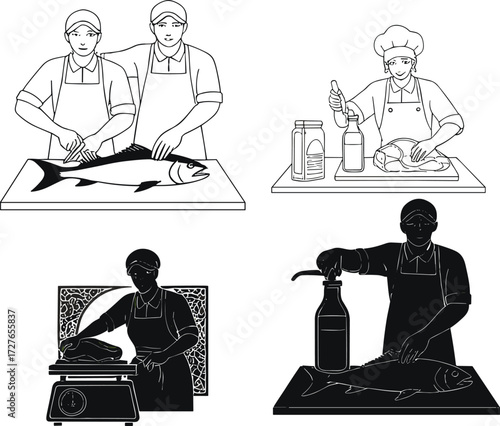 Culinary silhouettes, food preparation, chef actions, pasta making, cake decorating, kitchen tools, cooking process, black vector art, traditional kitchen, food artistry
