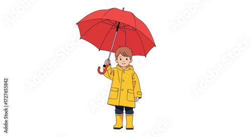 Cheerful young boy in yellow raincoat holding a red umbrella.