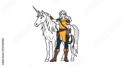 Fairytale Unicorn and Warrior Woman Illustration.