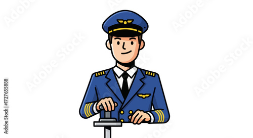 Cartoon Pilot in Uniform Operating Aircraft Controls.