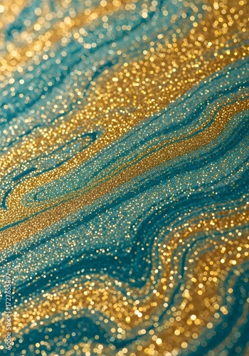 Abstract glittery teal and gold fluid art background with swirling patterns and texture