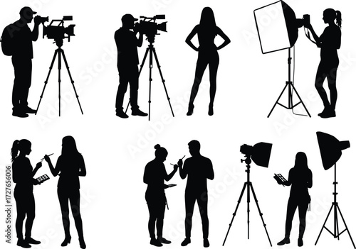 Film production silhouette vector, camera crew, lighting setup, tripod, actor posing, director interaction, studio scene, black icon set, media shoot illustration