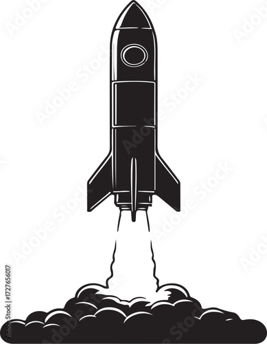 black vector of burning rocket in silhouette
