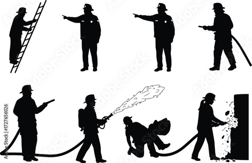 Firefighter silhouettes, emergency rescue action, hose spraying, ladder climbing, fire safety roles, black vector illustration, occupational poses, disaster response scene