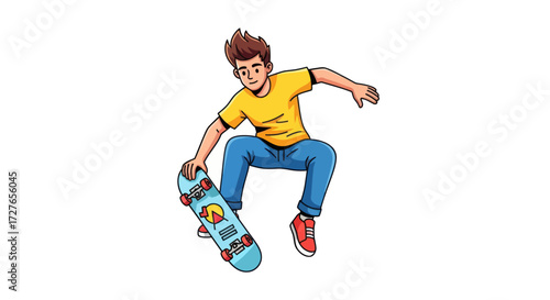 Young cartoon skater with spiky brown hair in a yellow shirt jumping mid-air with his board.