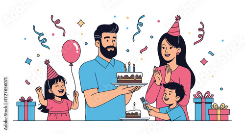 Joyful Family Birthday Celebration with Cake Gifts and Party Hats.