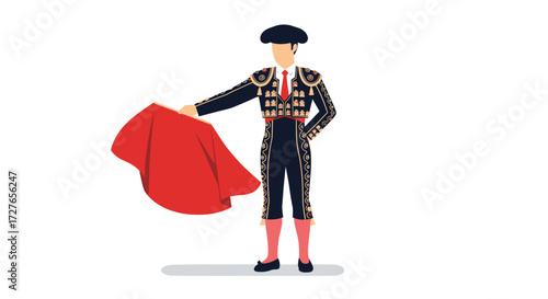 Spanish Matador in Traditional Suit Holding Red Cape Illustration.