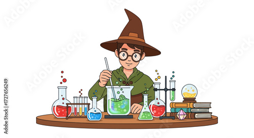 Cartoon Wizard Mixing Potion in Beaker with Test Tubes and Books on Wooden Table.