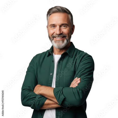 Smiling middle aged man with grey beard wearing green shirt arms crossed isolated on transparent background