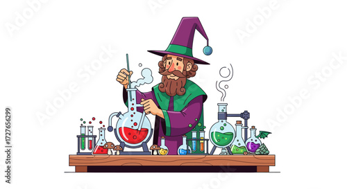 Cartoon Wizard Brewing Potion with Beaker Flasks and Bubbling Liquid.