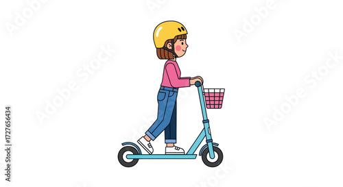 Young person in helmet riding a blue kick scooter with basket.